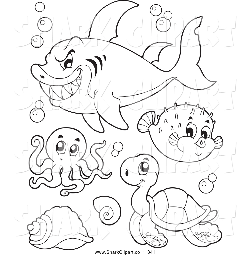 Of Outlined Mean Shark Octopus Puffer Fish And Sea Turtle By Visekart