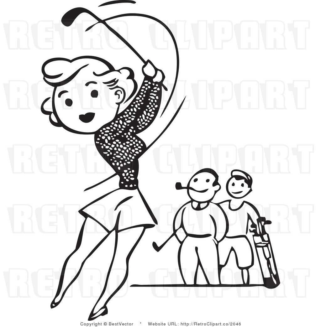 Retro Vector Clip Art Of An Attractive Girl Playing Golf With Two Boys