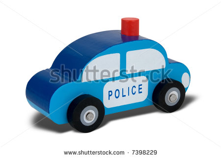 Blue Wooden Toy Police Car Isolated Over White With A Clipping Path