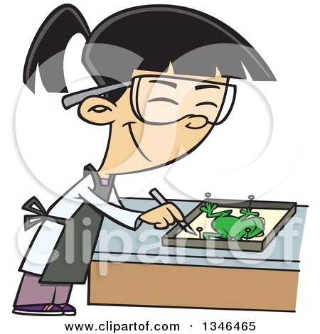 Cartoon Asian School Girl Dissecting A Frog In Class
