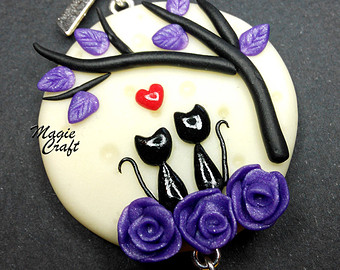      Cat And Moon Necklace In Fimo Polymer Clay Cats With Moon Necklace
