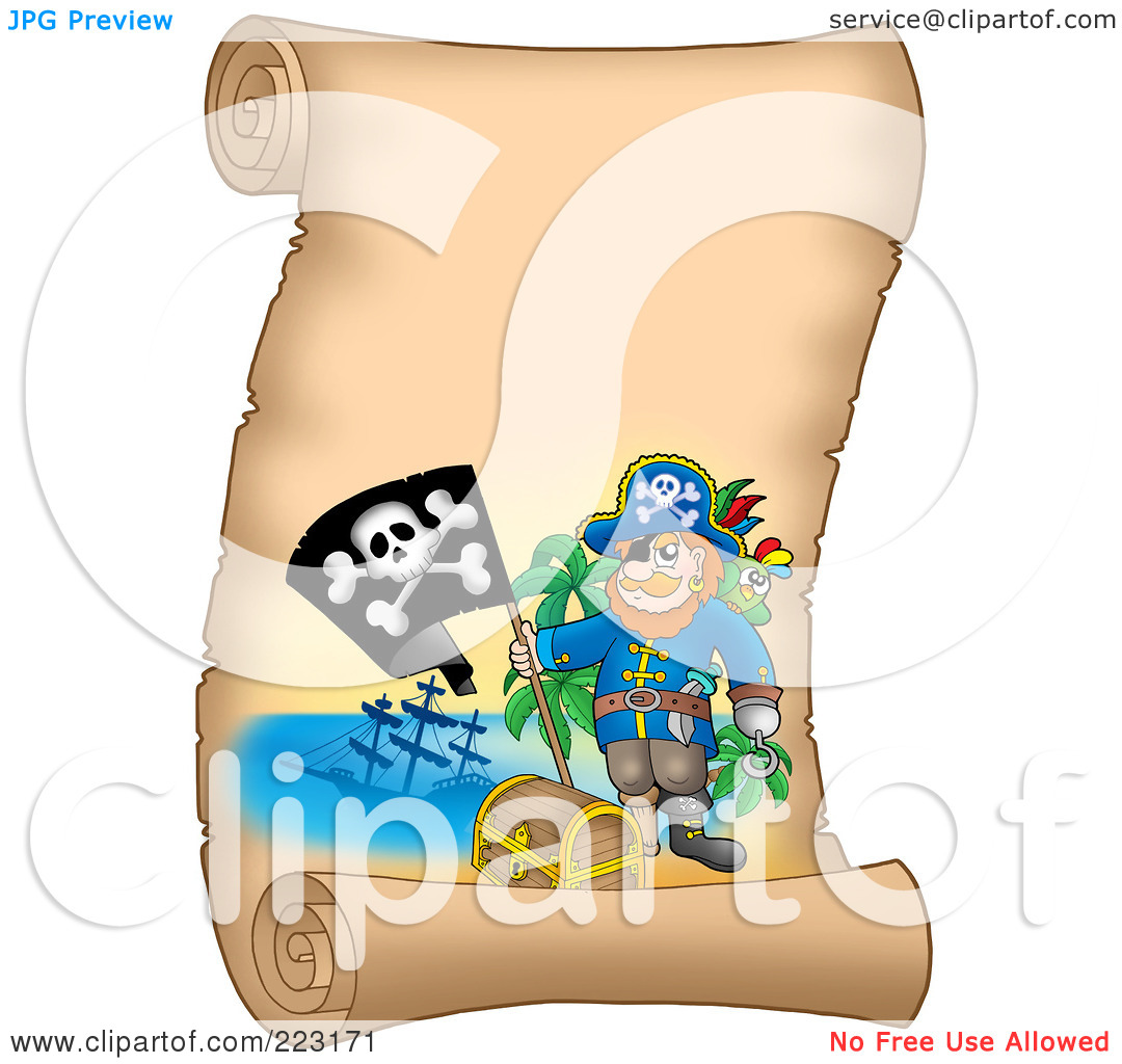 Free  Rf  Clipart Illustration Of A Male Pirate And Flag On A Blank