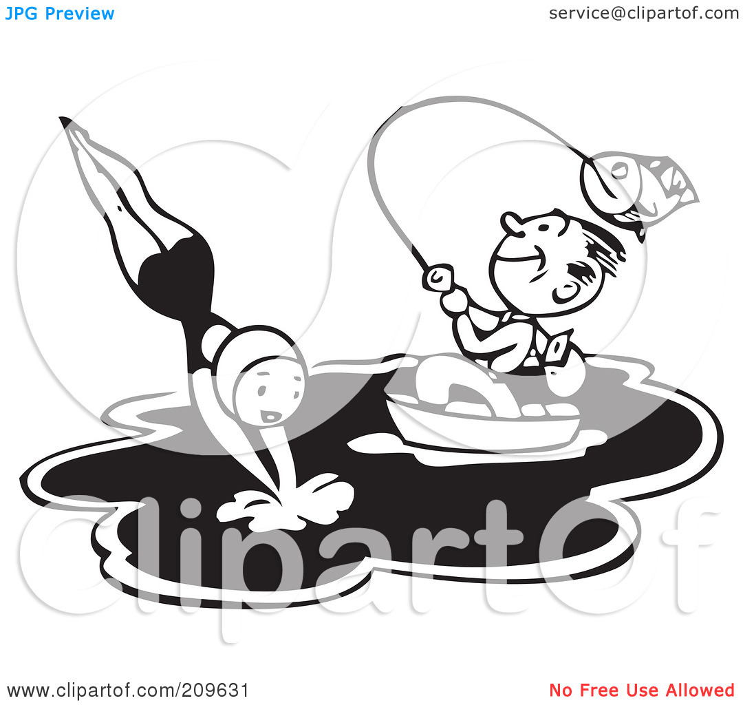 Free  Rf  Clipart Illustration Of A Retro Black And White Man Fishing