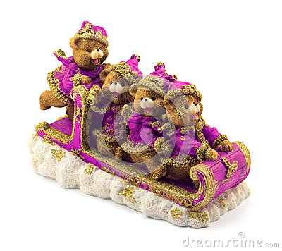 Handmade Christmas Bears In Sleigh In Violet And Gold Jackets And Hats