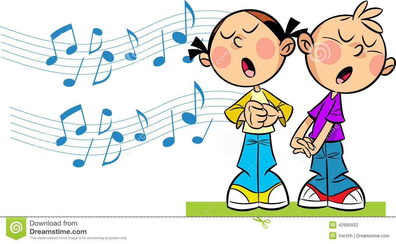 In The Illustration Cartoon Girl And Boy Sing On The Background