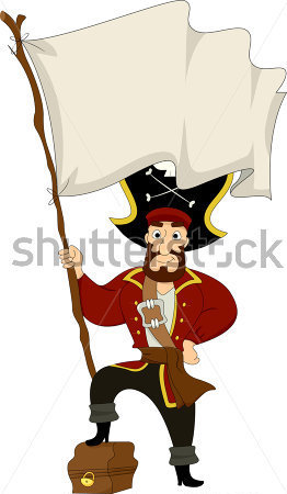 Pirate Stepping On A Treasure Chest While Holding A Blank Pirate Flag