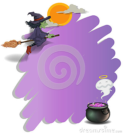     Riding On A Broom And An Empty Violet Template On A White Background