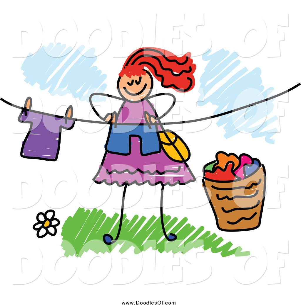 Vector Clipart Of A Red Haired Doodled Woman Hanging Laundry On A Line