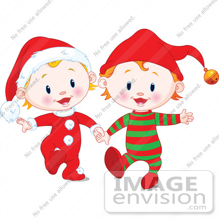 48503 Clip Art Illustration Of Two Xmas Babies In Santa And Elf Suits