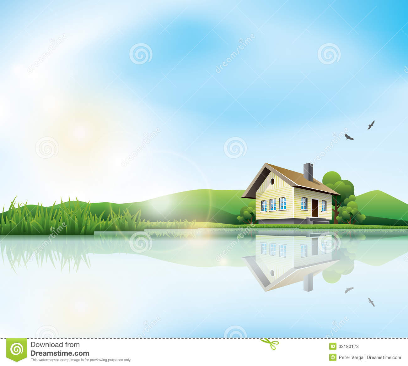 Beautiful Sunny Landscape With House And A Lake This Illustration Is