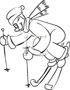 Black And White Cartoon Of A Man Downhilll Skiing   Royalty Free    