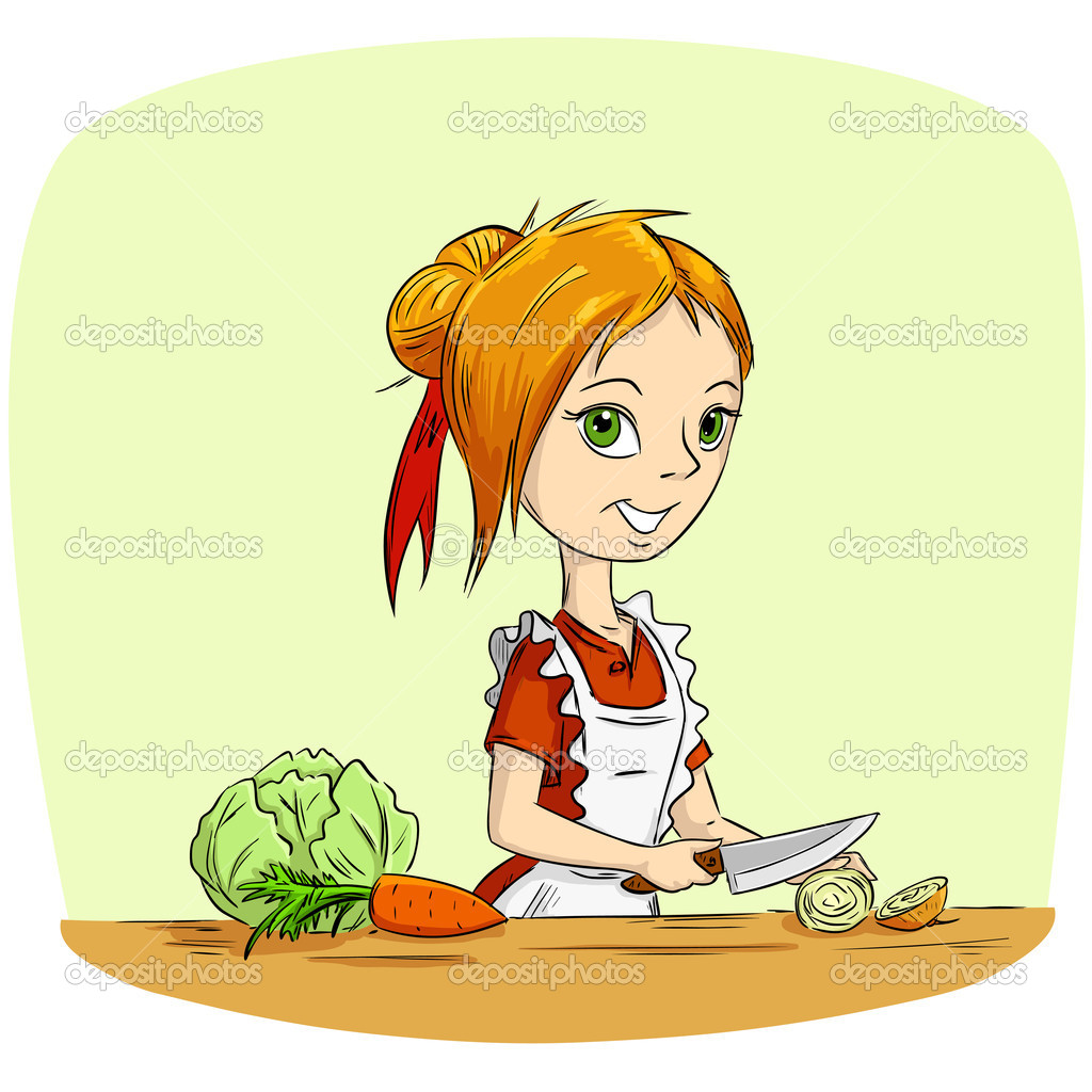 Cartoon Housewife Cooking Vegetables   Stock Vector   Acidburn    