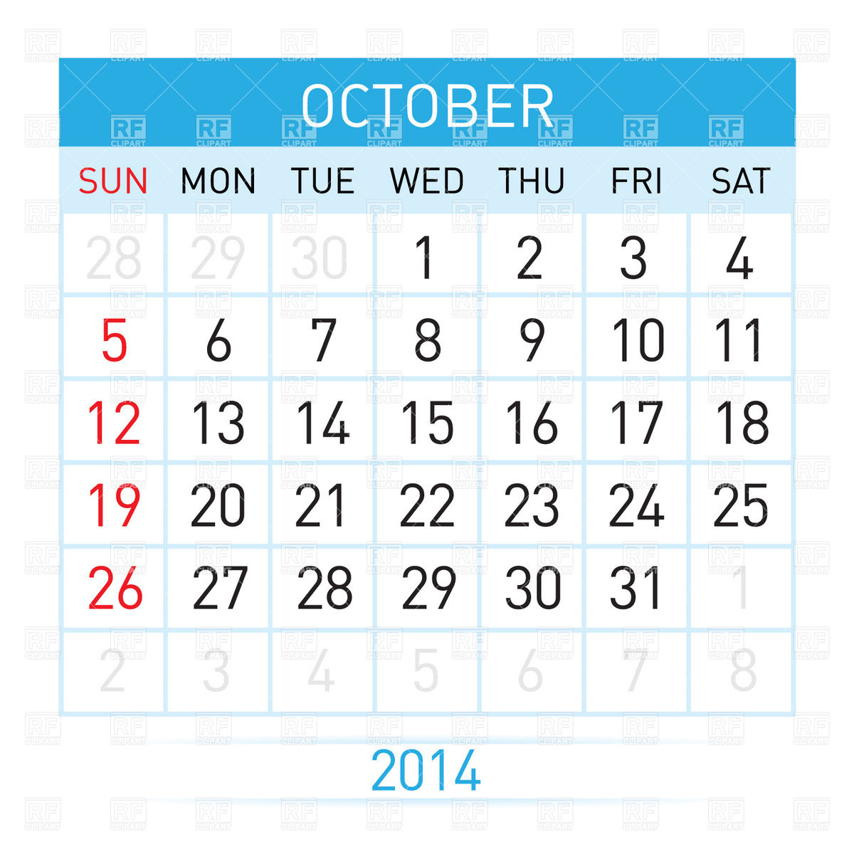 October 2014 Month Calendar Download Royalty Free Vector Clipart  Eps    