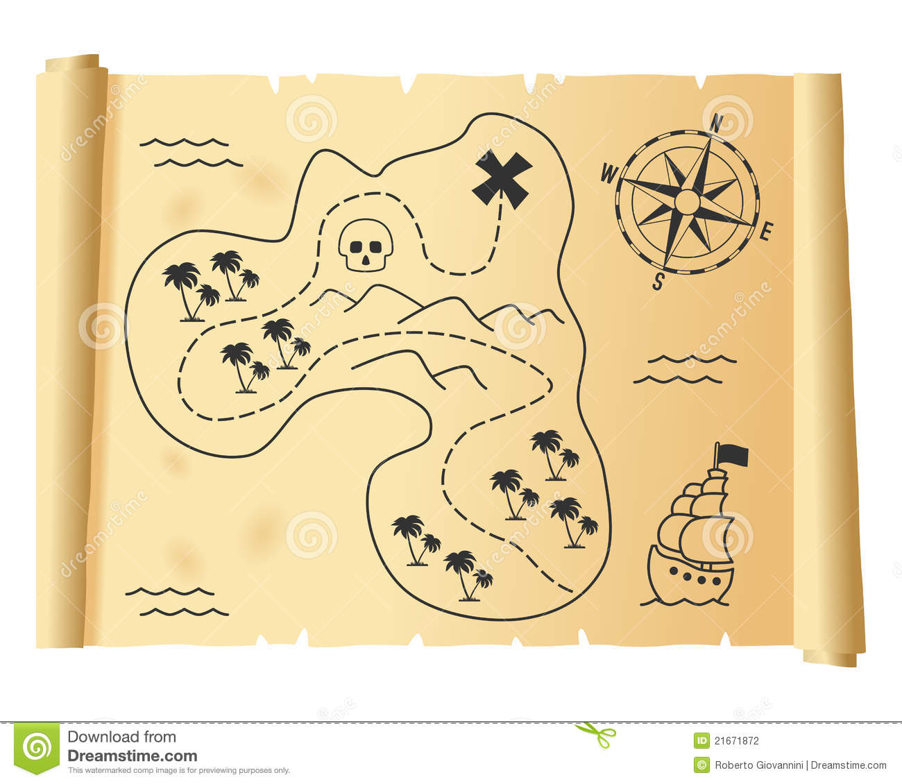 Old Treasure Map On A Parchment Scroll Isolated On White Background