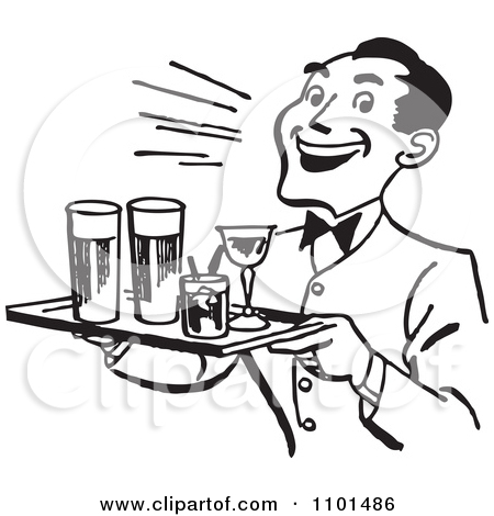 Retro Black And White Happy Waiter Serving Cocktails By Bestvector
