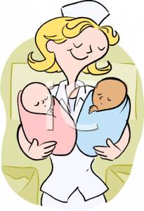 Smiling Nurse Holding Two Newborn Babies Clipart Image
