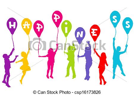 Vector   Colored Children Silhouettes Holding Balloons With Happiness