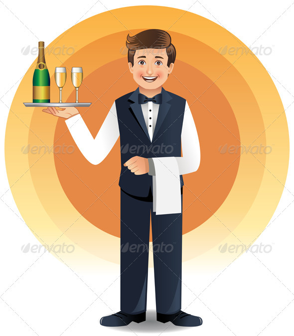 Young Waiter In Uniform Serving Champagne   People Characters