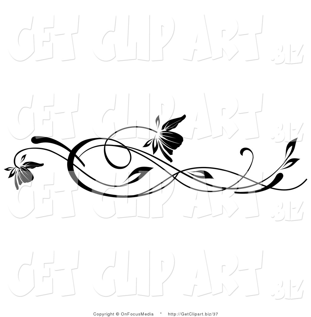 Clip Art Of Two Black Flowers On Long Wavy Vines Growing Horizontally
