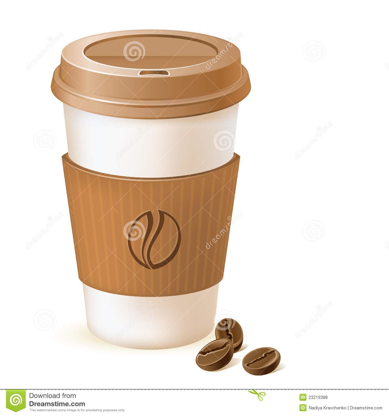 Coffee Paper Cup With Cardboard Sleeve And Beans