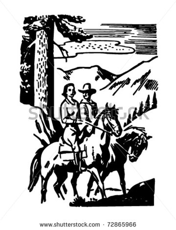 Couple Horseback Riding 2   Retro Clipart Illustration   Stock Vector