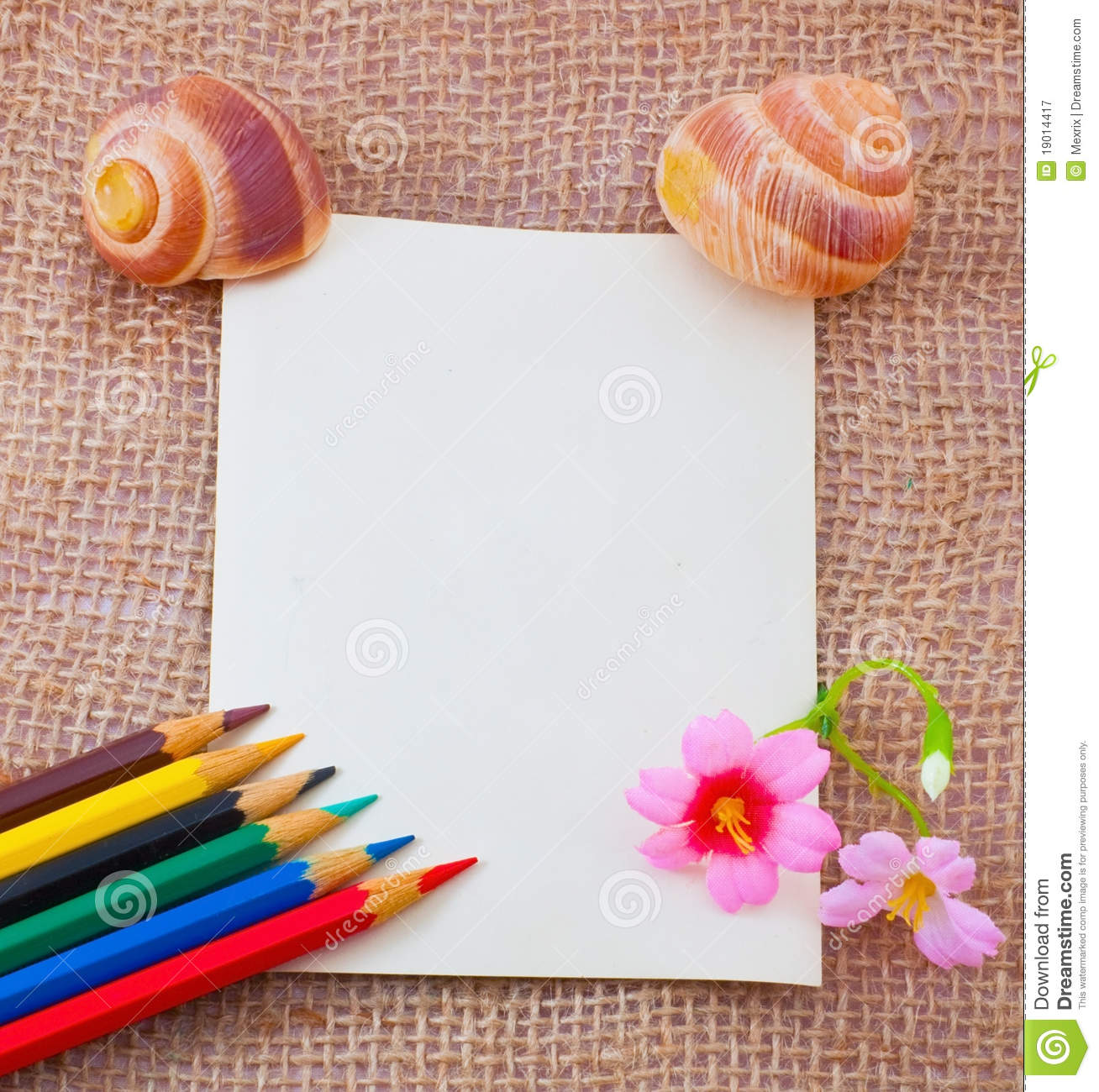 Empty Letter On The Sack Surface With Colorful Pencils Flowers And    