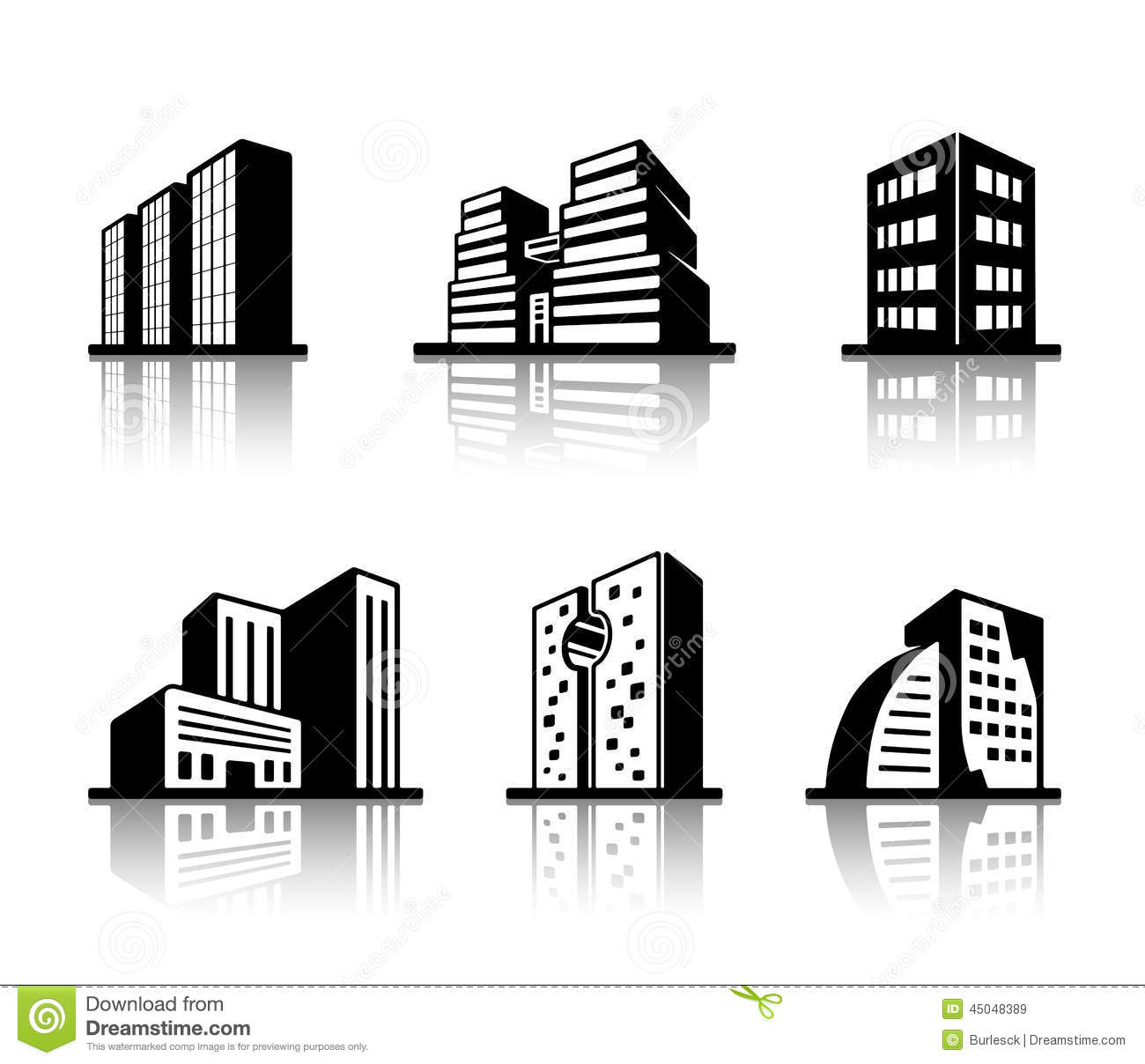 Set Of Black And White Urban Building Icons Of Modern Architecture    