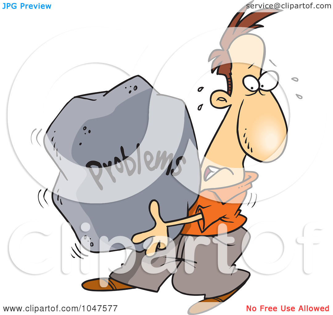 Clip Art Illustration Of A Cartoon Man Carrying A Heavy Problem Rock