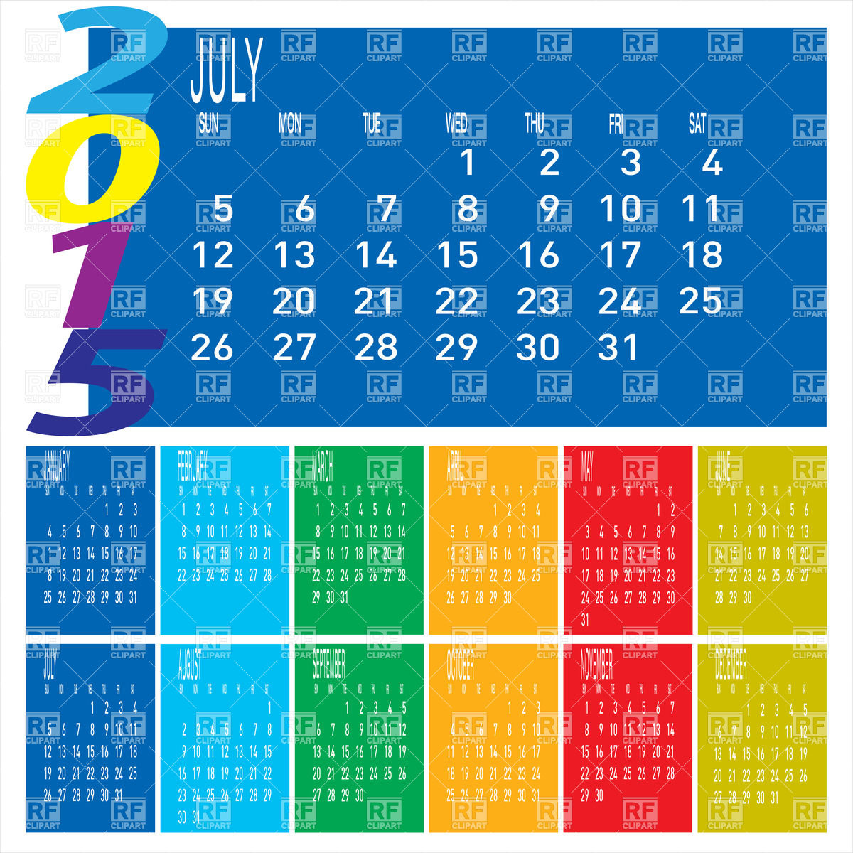 Colorful Year Calendar 2015   July Calendars Layouts Download    
