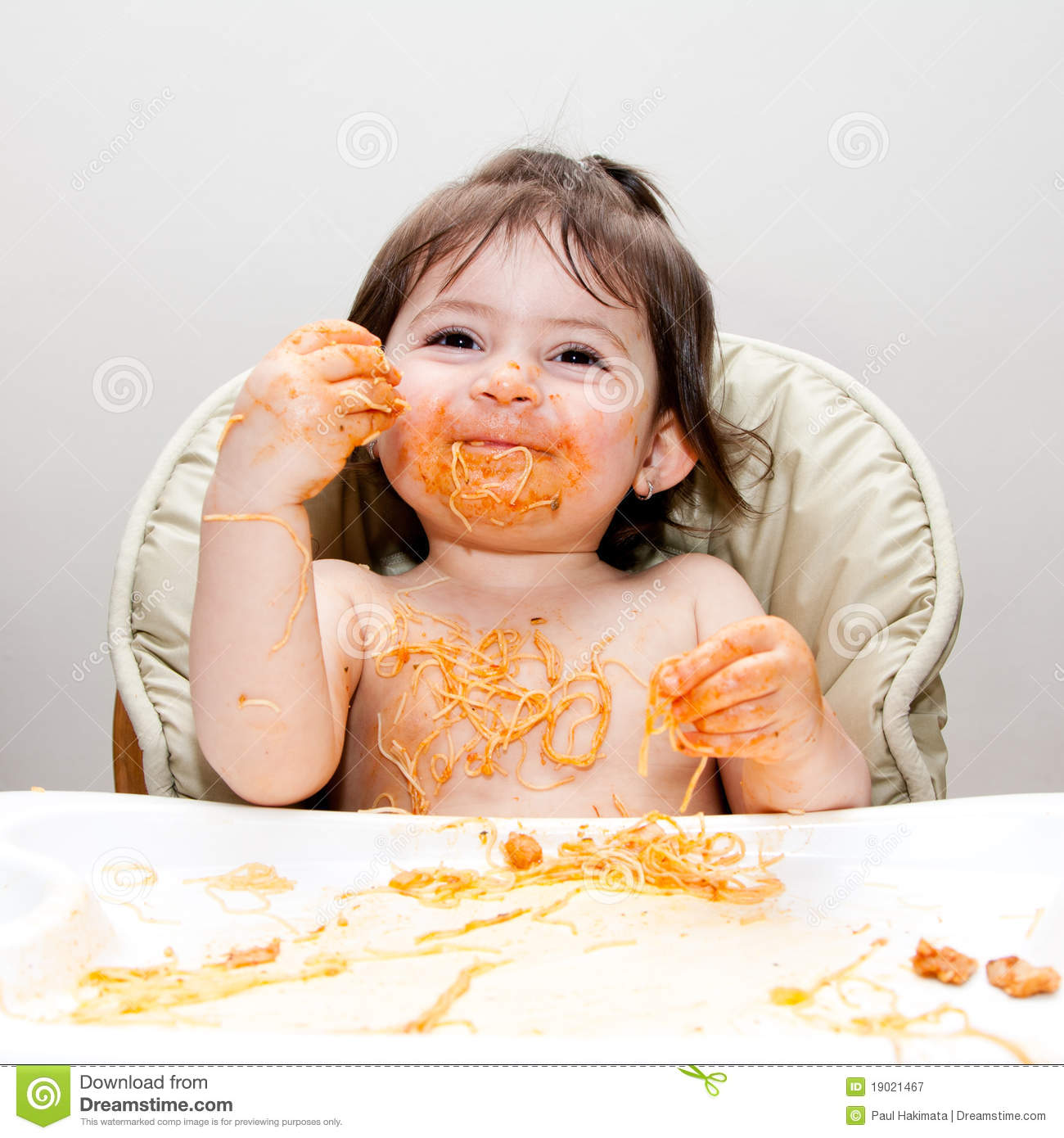 Happy Smiling Baby Having Fun Eating Messy Covered In Spaghetti Angel