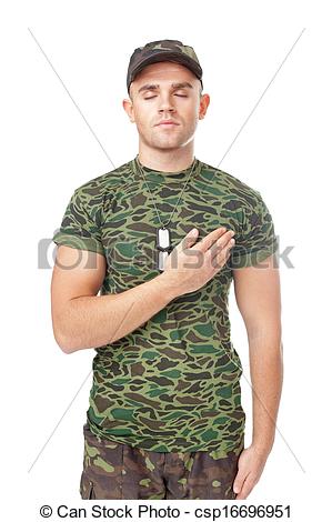 Young Army Soldier Swear Solemnly With Hand On Heart Isolated On White