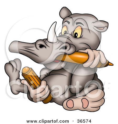 Cute Grey Baby Rhino With A Horn Running Clipart Illustration By
