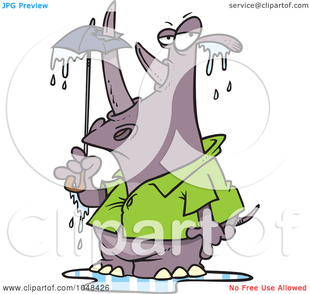 Illustration Of A Cartoon Rhino Puncturing An Umbrella With His Horn