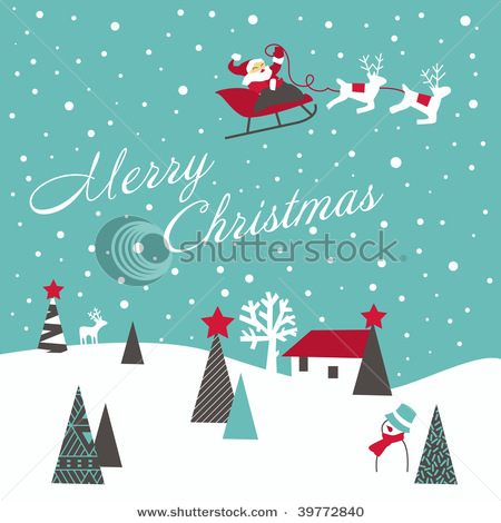 Retro Christmas Card Of Santa And His Reindeer   Vector Clipart