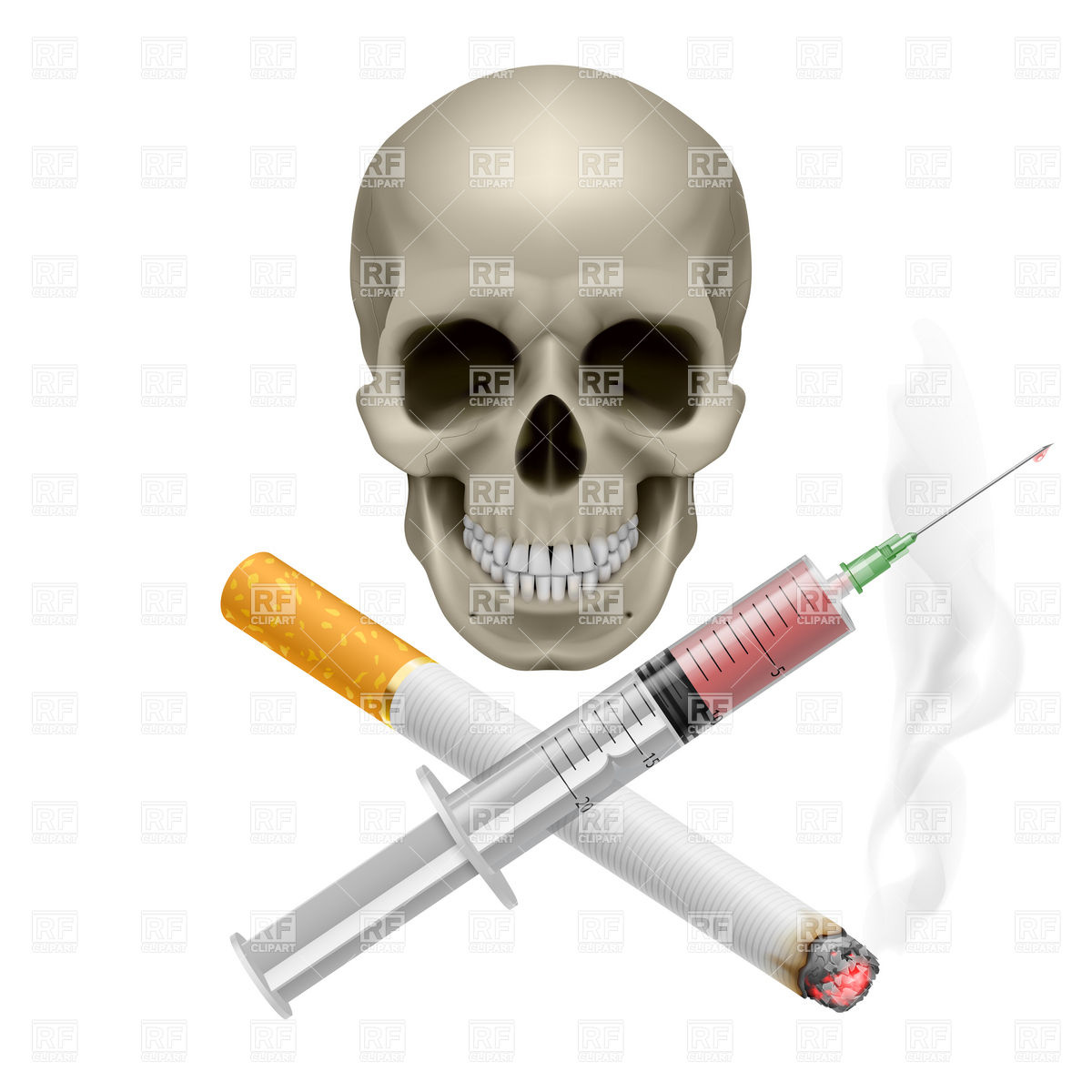 Skull With Cigarette And Syringe   Drug Addiction Or Narcomania Symbol