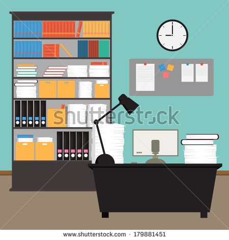 Vector Office Room Interiorbooksdeskclockcomputerpaper   Stock