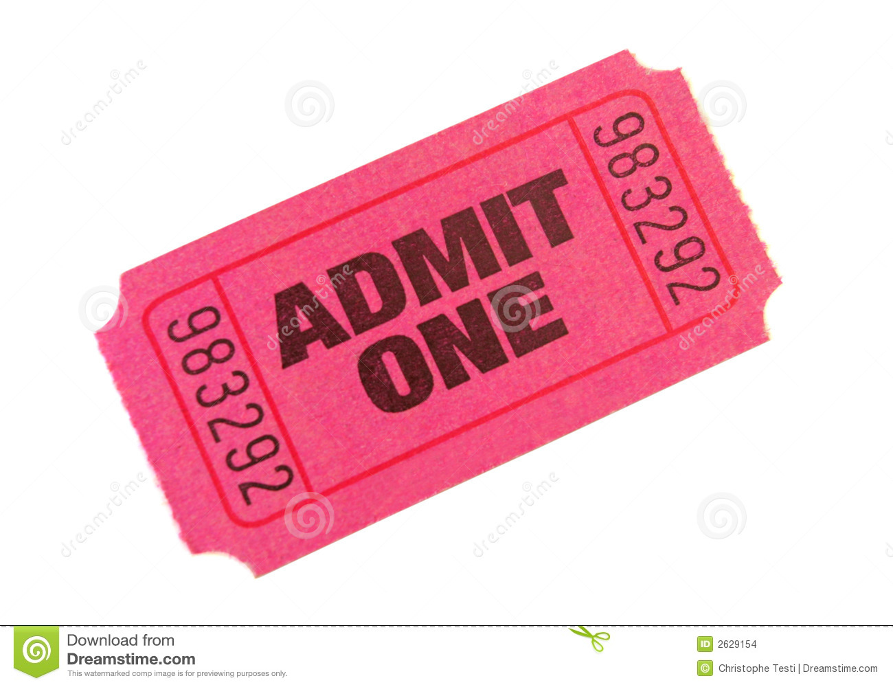 Admit One Ticket Isolated On Pure White Bacground