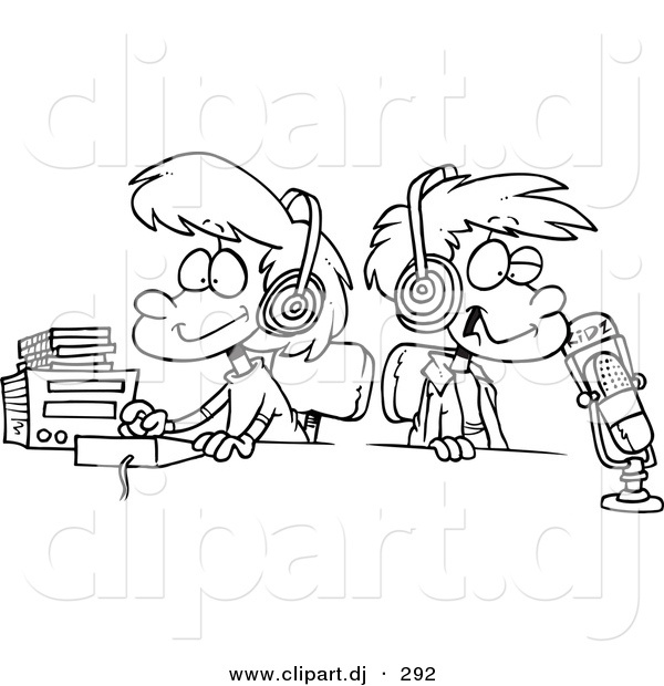 Cartoon Vector Clipart Of A Two Dj Kids In A Studio Wearing Headphones