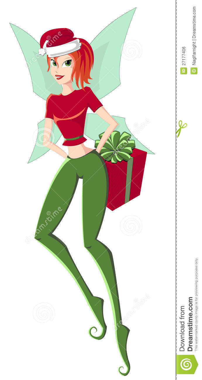 Christmas  Illustration Of Cute Teen Girl Elf With Gift Box On White