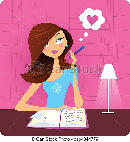 Eps Vectors Of Teenage Girl Writing Diary   Cute Girl Thinking About    