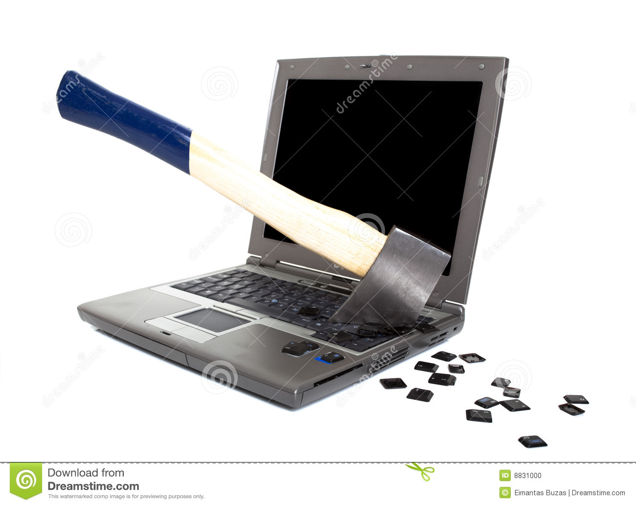 Laptop Computer Damaged With Axe   Concept Of Anger Frustration    