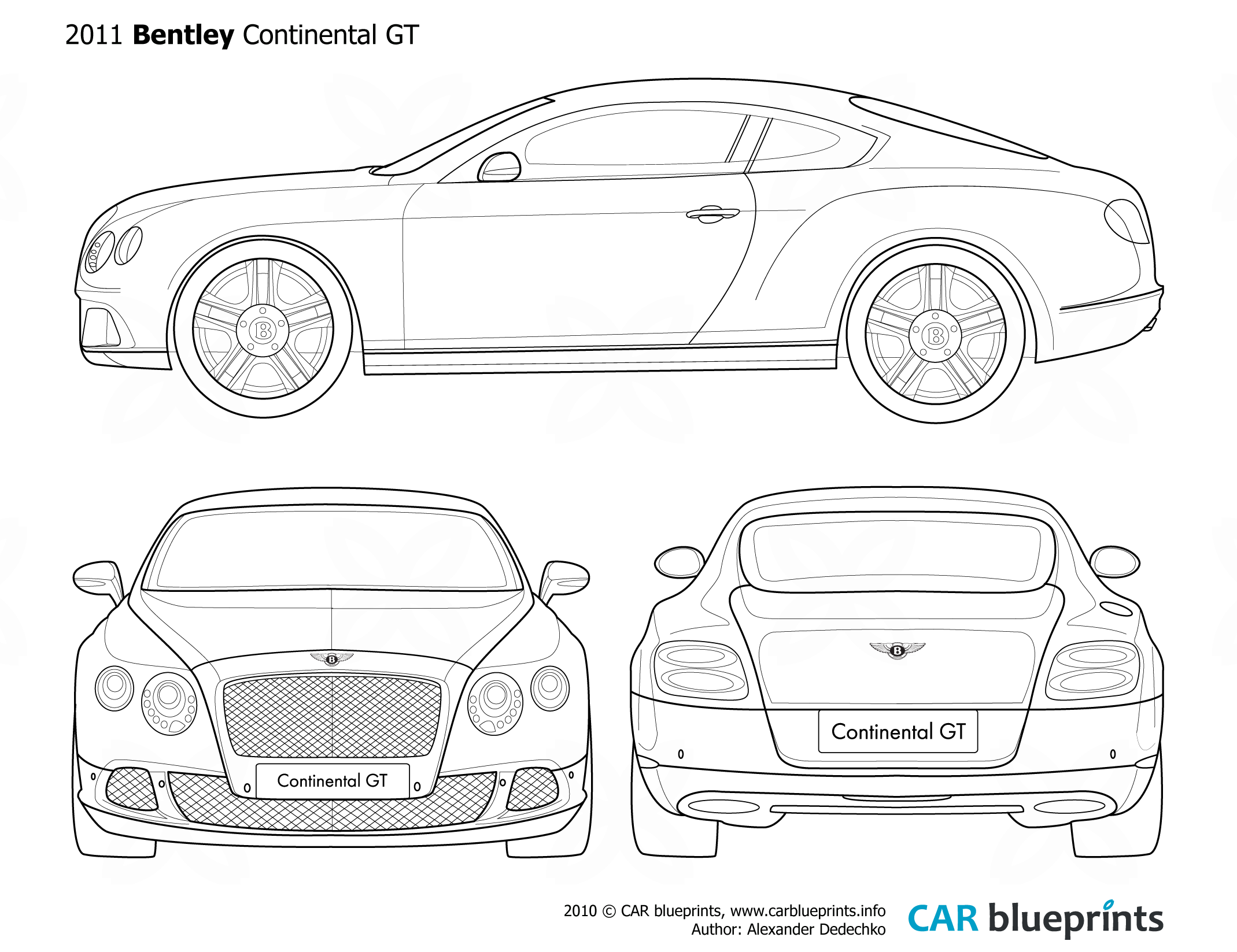 Car Blueprints   Bentley Continental Gt Blueprints Vector Drawings    