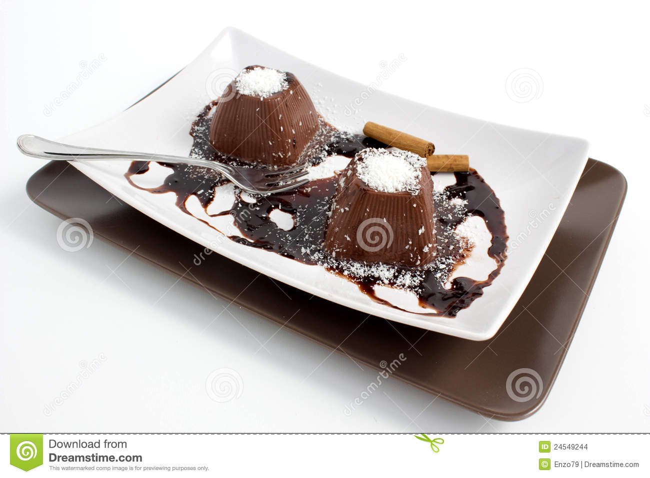 Chocolate Pudding With Cinnamon And Coconut On A White Background