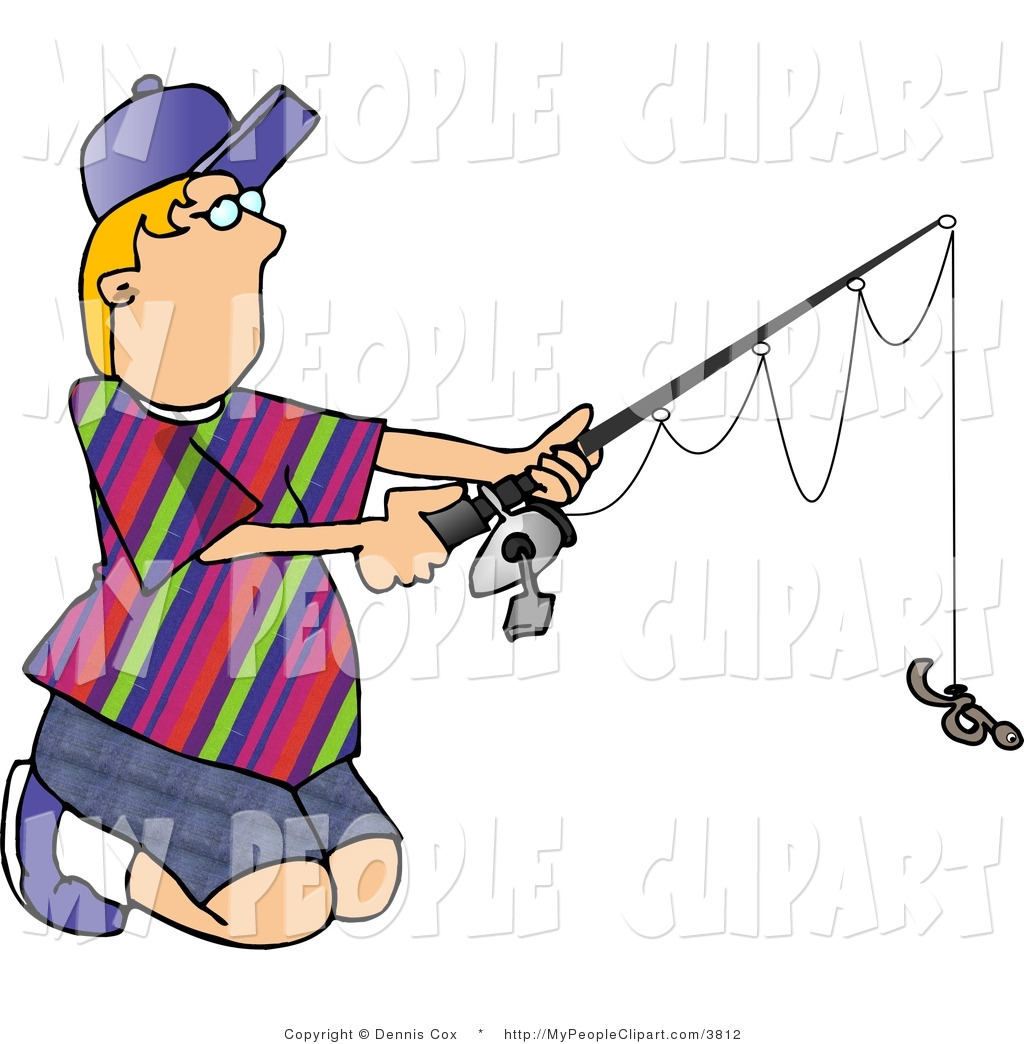 Clip Art Of A Kneeling Boy Holding A Fishing Pole With Earthworm Bait    