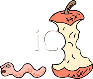 Clipart Image Of A Cartoon Worm Crawling Away From An Apple Core