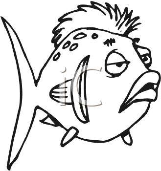 Black And White Cartoon Fish With A Mohawk   Royalty Free Clip Art