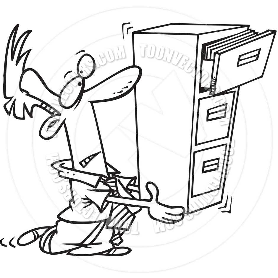 Cartoon File Clerk  Black And White Line Art  By Ron Leishman   Toon