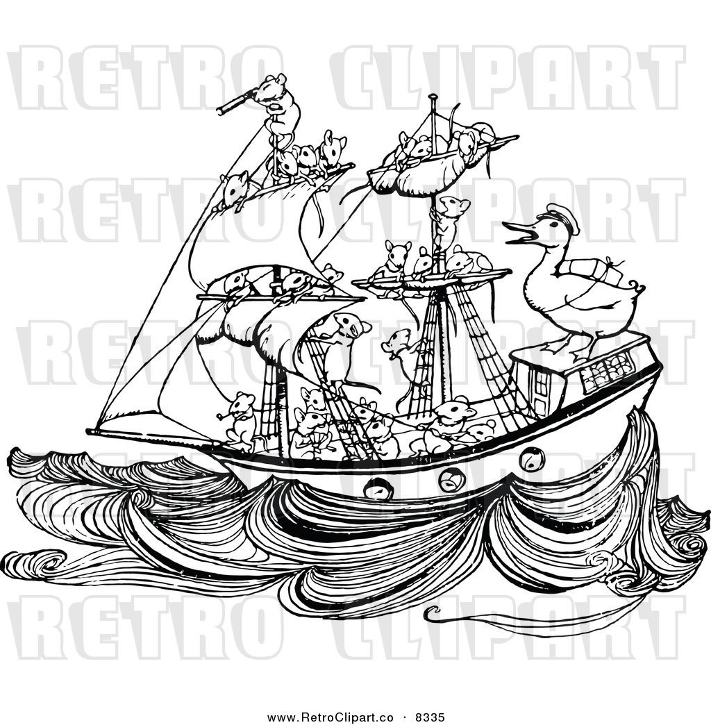     Clipart Of A Retro Black And White Crew Of Mice Sailing A Ship With A