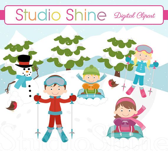 Fun In The Snow Clipart   Digital Clipart Cute Children Snowman Birds