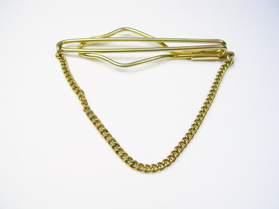 Vintage Art Deco Tie Chain Clip Gold Tone Simple Design Men Jewelry